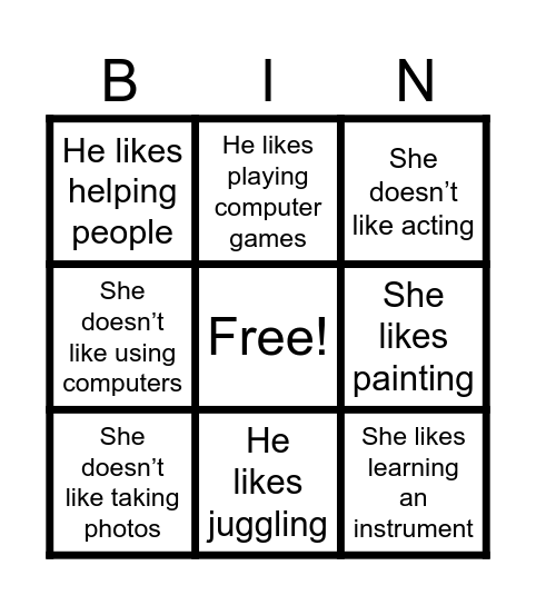 GRAMMAR Bingo Card