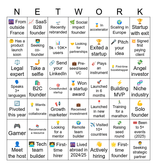 🚀 Founders Fusion: Pitch & Connect Bingo Card