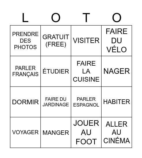 Les verbes -ER and other activities Bingo Card