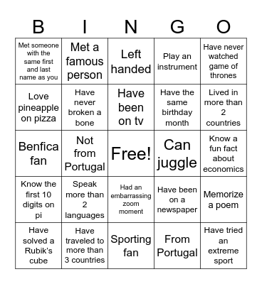 Get to know me Bingo Card