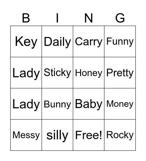 y as Long Vowel e Bingo Card
