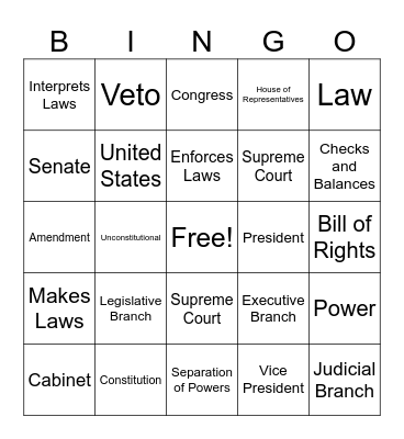 3 BRANCHES OF GOVERNMENT Bingo Card