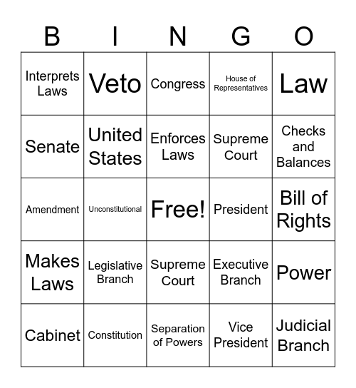 3 BRANCHES OF GOVERNMENT Bingo Card