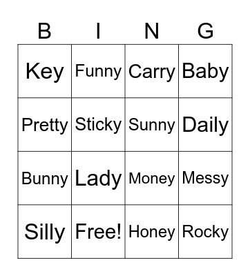 y as long vowel e Bingo Card