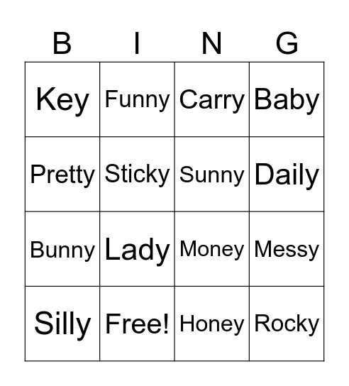 y as long vowel e Bingo Card