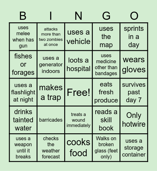 Project zomboid Bingo Card