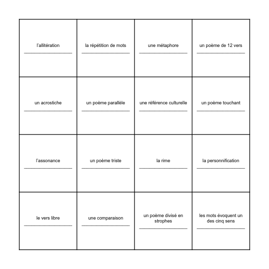 la poésie Bingo Card