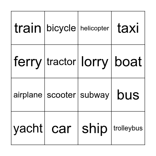 Means of Transport Bingo Card