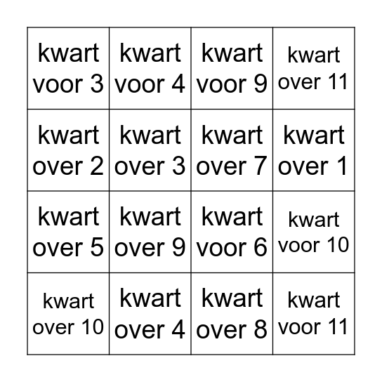 Digitale klok:   Kwartier Bingo Card
