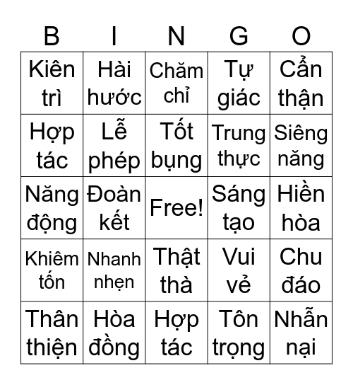 NHỮNG ĐỨC TÍNH TỐT CỦA HỌC SINH Bingo Card