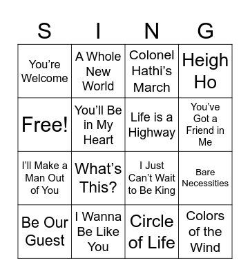 J’s Disney Music Bingo Card