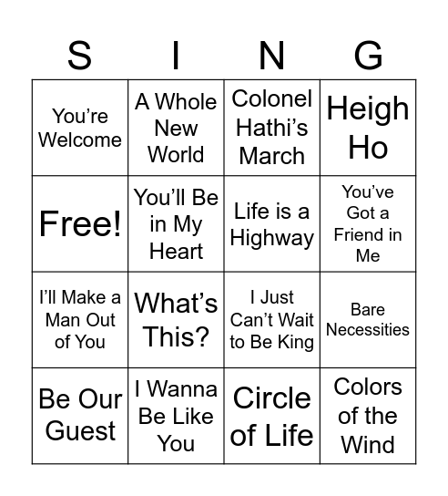 J’s Disney Music Bingo Card