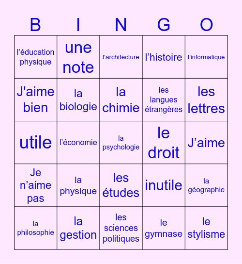 F1 2A Vocabulaire (en français) Bingo Card