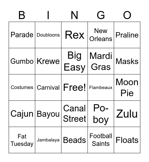 Mardi Gras Bingo Card