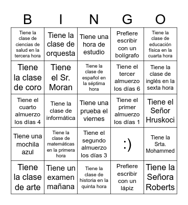 Mi horario escolar Bingo Card