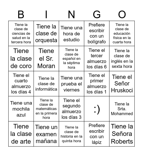 Mi horario escolar Bingo Card