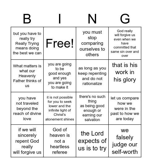 Am I Good Enough? Bingo Card