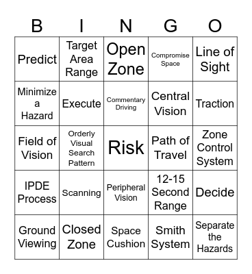 Driver's Ed Bingo Card