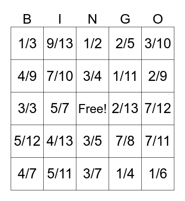 Fraction Bingo Card