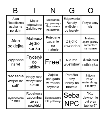 Poniedziałek Bingo Card