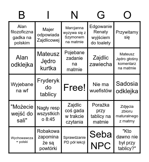 Poniedziałek Bingo Card