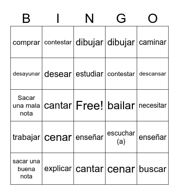 AR Verbs Bingo Card