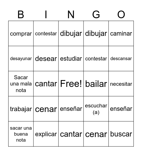 AR Verbs Bingo Card