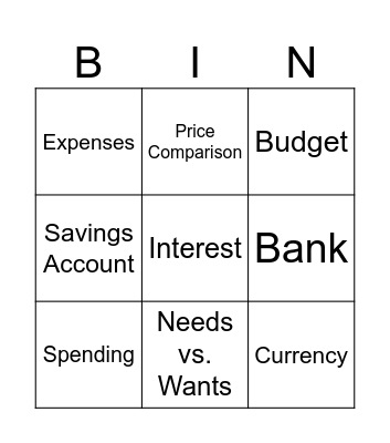 Money Skills Bingo Card
