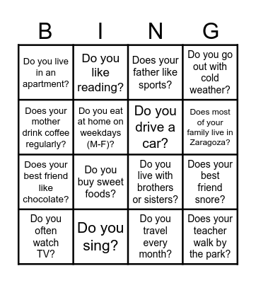 Present Simple Bingo Card