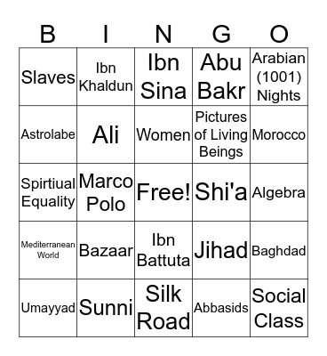 Arab Empire to Culture of Islam Bingo Card