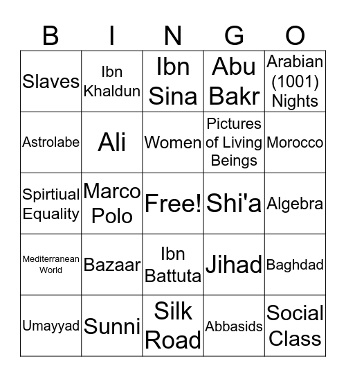 Arab Empire to Culture of Islam Bingo Card