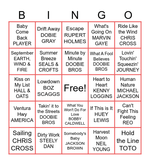 Yacht Rock Bingo Card
