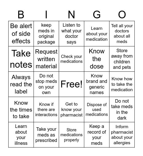 Medication Safety Bingo Card