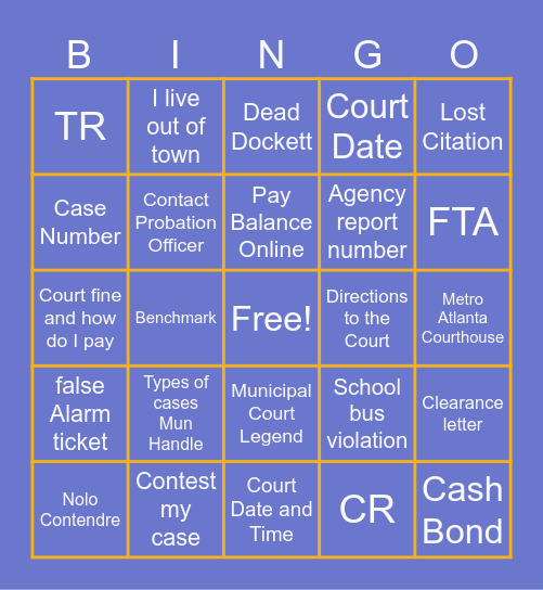 Municipal Court Bingo Card