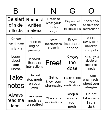 Medication Safety Bingo Card