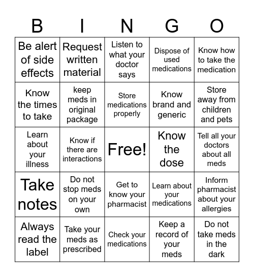 Medication Safety Bingo Card