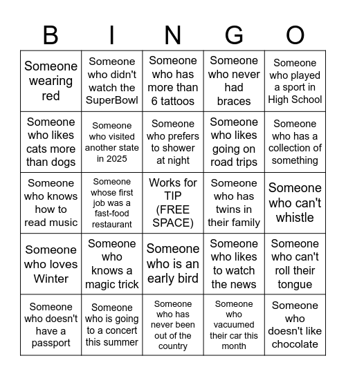 Get to Know you TIP BINGO Card
