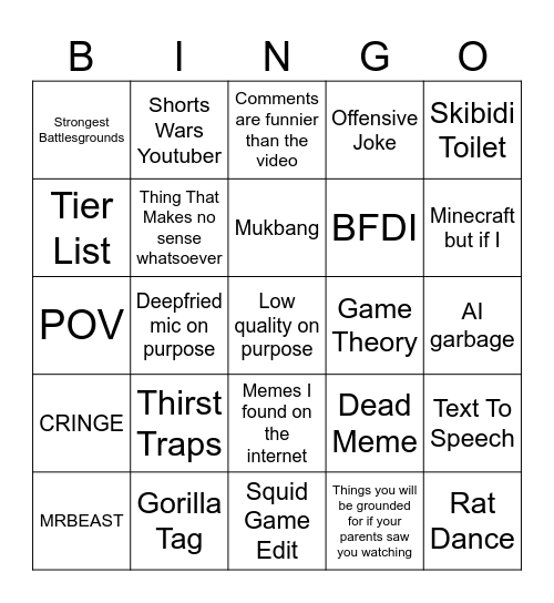 YOUTUBE SHORTS Bingo Card youtube-shorts-bingo-card