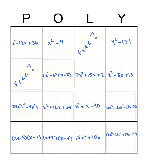 Polynomial and Factoring BINGO Card