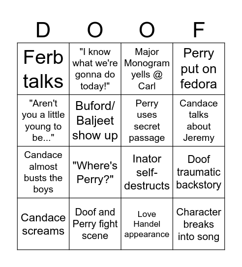 Phineas and Ferb Bingo Card