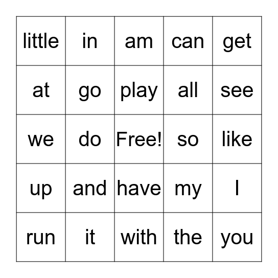 Car Sight Word Bingo Card