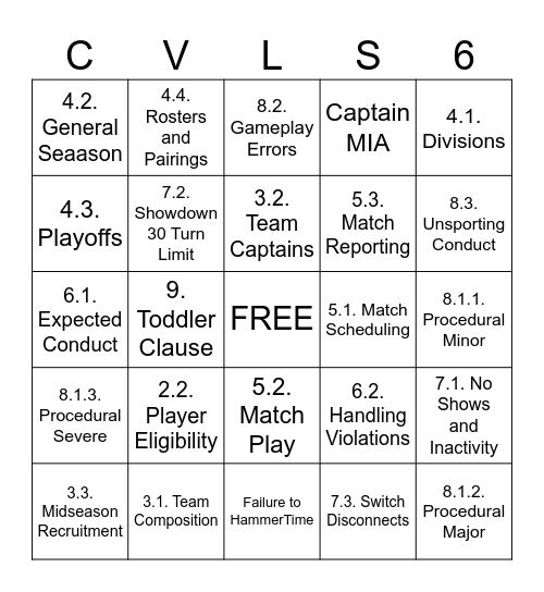 CVL Season 6 Bingo!!!!! Bingo Card