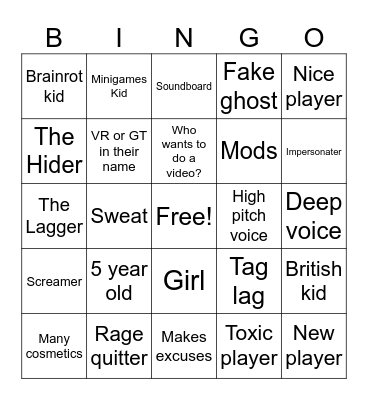 Gorilla Tag Bingo Card