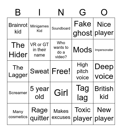 Gorilla Tag Bingo Card
