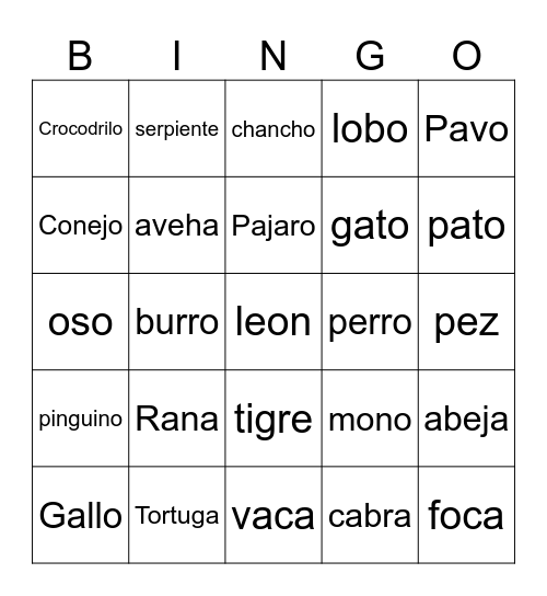 Animales Bingo Card