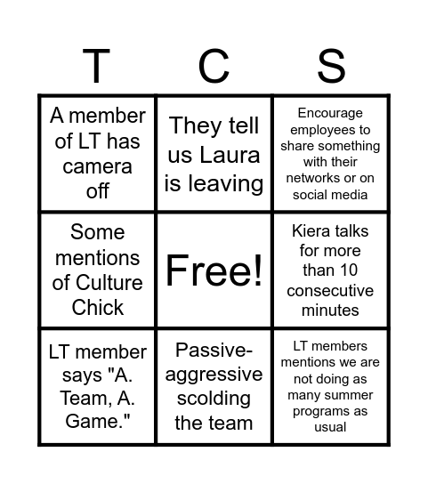 All Hands Bingo Card