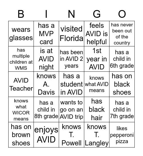 AVID Bingo Card