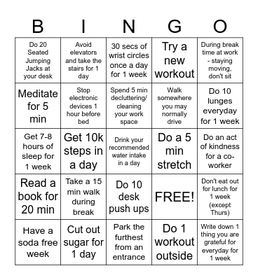 Office Exercise Bingo Card
