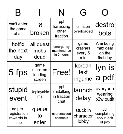 NEO BnS launch bingo Card