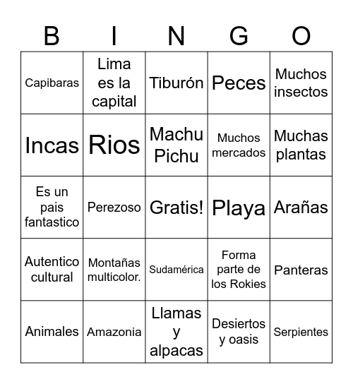 Peru Bingo Card